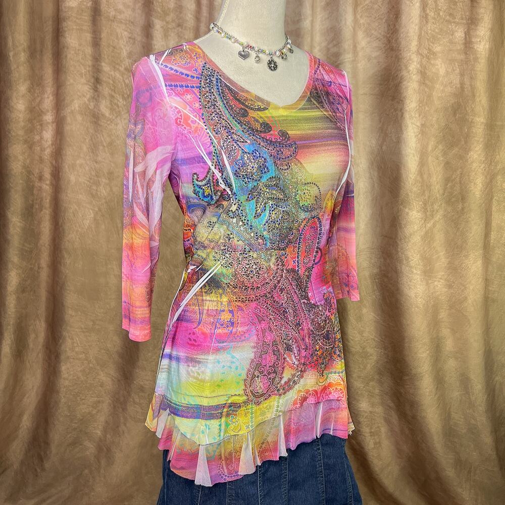 Vintage Y2K Boho Top Rhinestone Mesh Paisley Floral 3/4 Sleeve Ruffled Rainbow - Picture 10 of 10